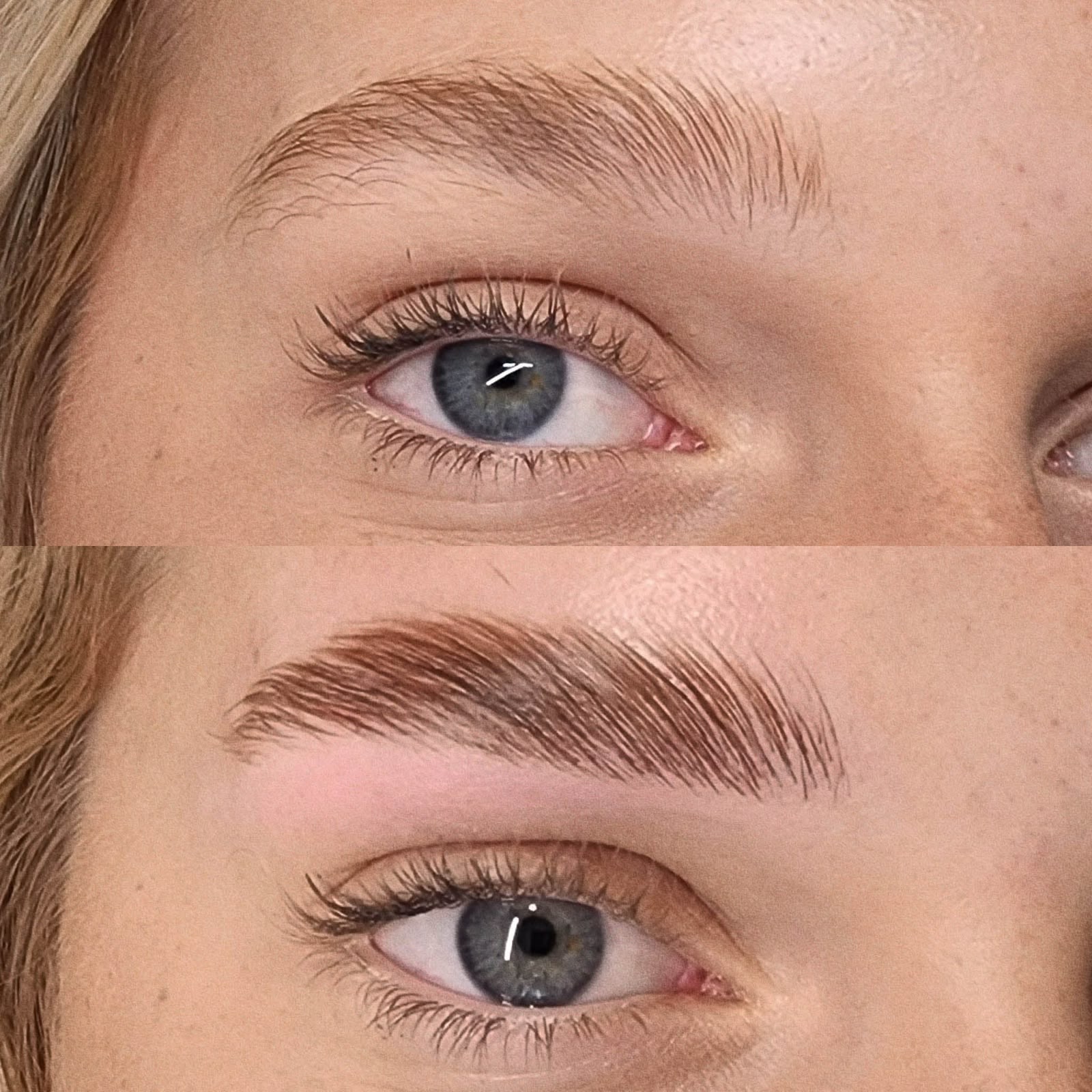 Brow lamination before and after, both eyes