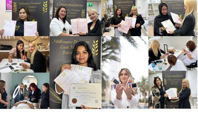 Beauty training graduates holding certificates across UAE cities
